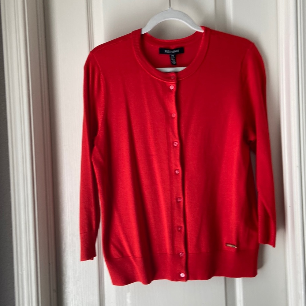 Ellen Tracy, Medium, red, long sleeves cardigan. Red bottom, crew neck.
